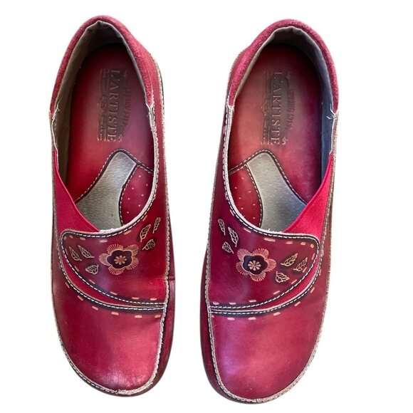 L'Artiste Shoes - LArtiste By Spring Step Red Leather Floral Design Slip-On Shoes Size 39